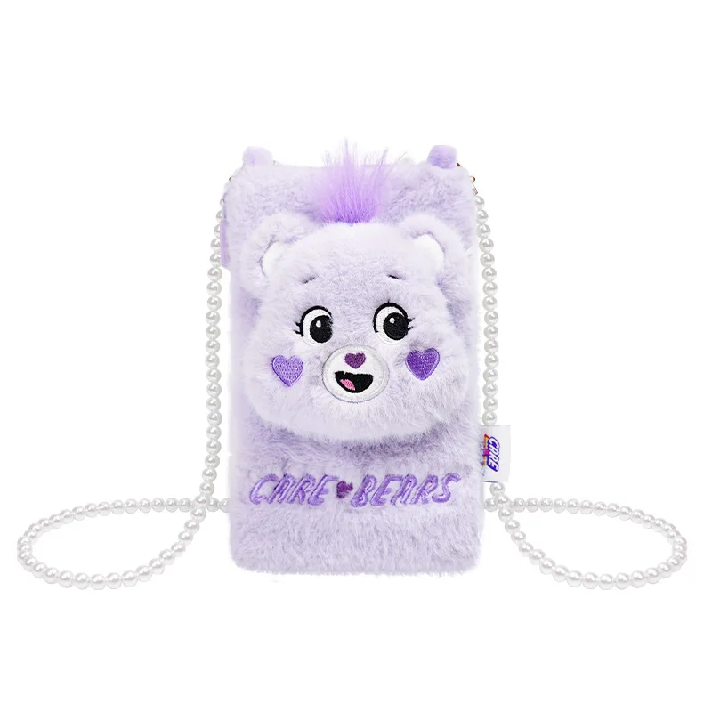Care Bears Cartoon Plush Phone Bag Purse Kawaii Small Soft Shoulder Bag With Pearl Chain Girls Bear Plush Bags