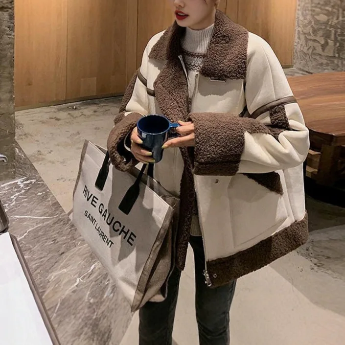

Women Vintage Jackets Thick Patchwork Lapel Coats Zipper Loose Long Sleeve Jacket Pockets Warm Outwear Lady Autumn Winter
