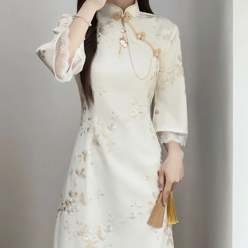 Chinese Traditional Qipao Dress Women Beige Flowers Printed Stand Collar Mid Sleeve Cheongsam Women Elegant Evening Dresses