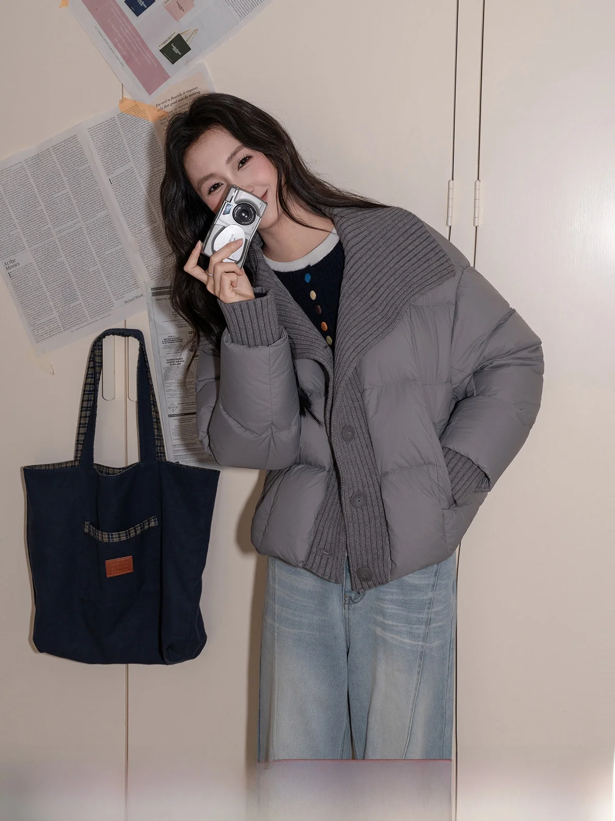 

ey Knitted ort Puffer Jaet Women's Autumn Winter High Warmth Loose Outerwear Du down Stand Collar Splicing Design