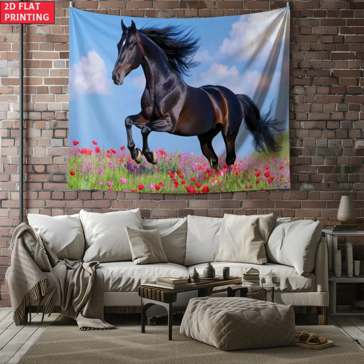 Running Black Horse in Flower Field Tapestry Wall Art Decor for Living Room Bedroom Home Decor Animal Print Equestrian Theme