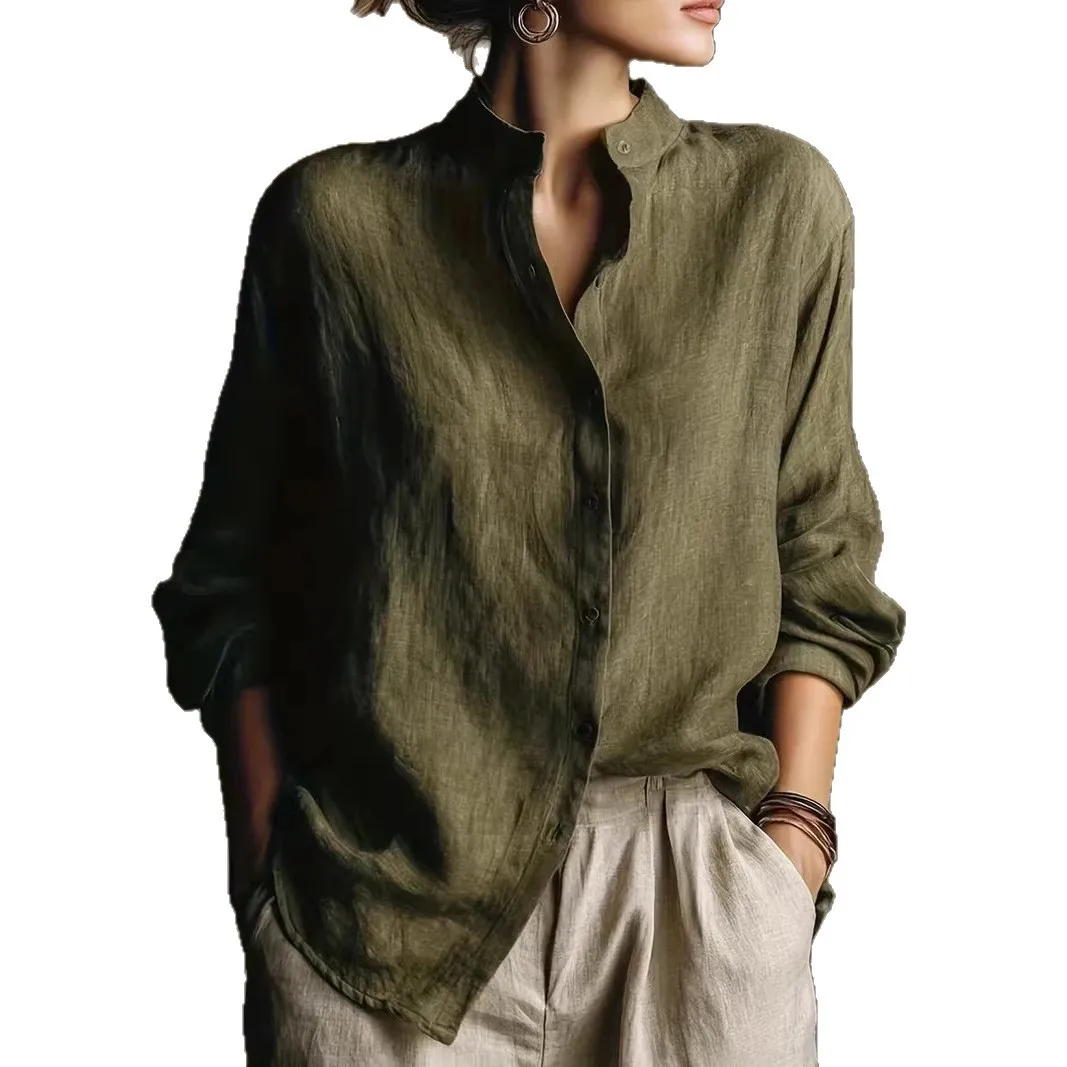 

2026 New Spring Cotton Linen Shirt Women Elegant Stand Collar Long Sleeve Top Loose Fit Cardigan Shirt Breathable Linen Blouse