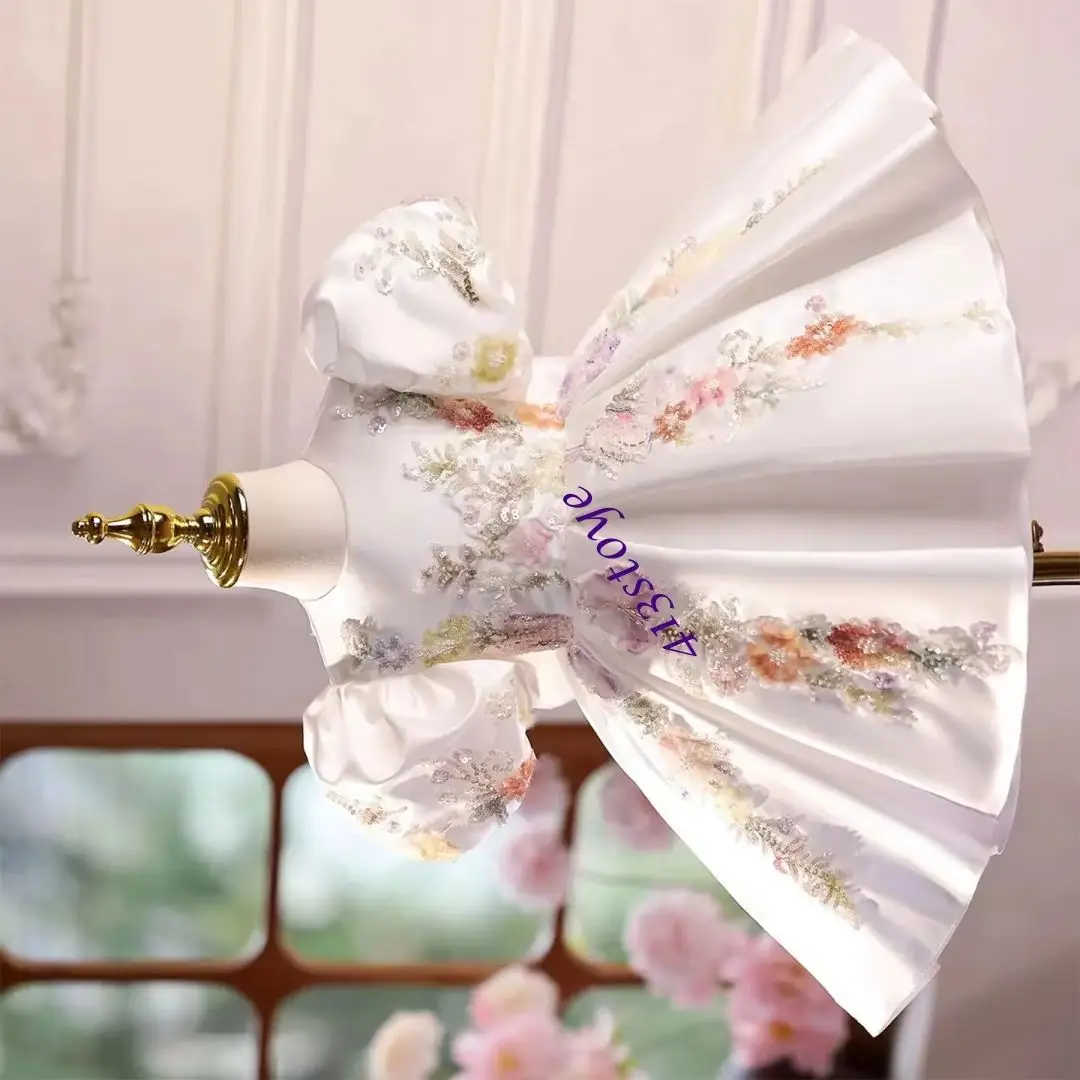 Personalizado elegante branco apliques vestido da menina de flor laço arco princesa crianças casamento 1st aniversário pageant festa baile vestido