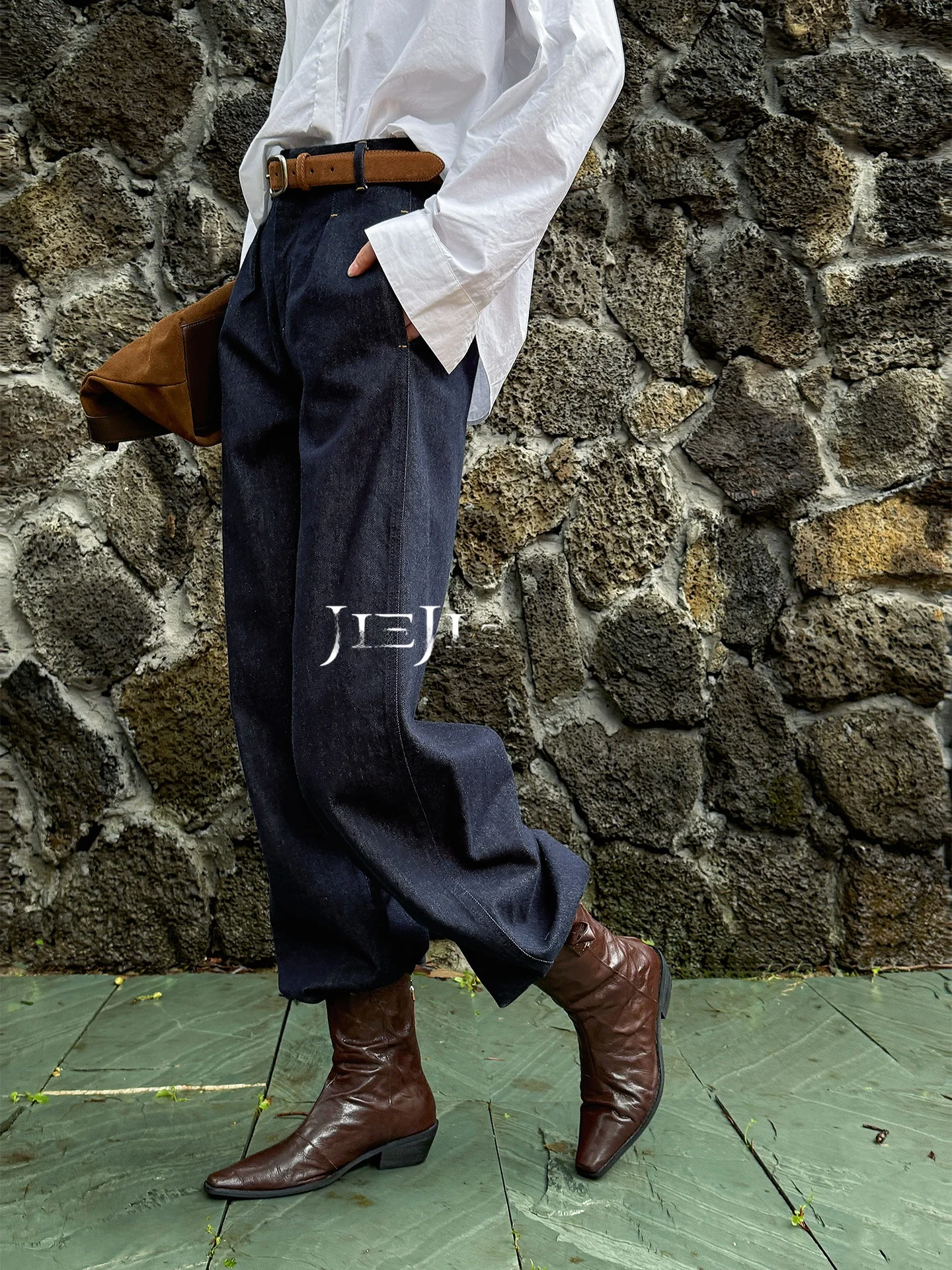 Calças de Algodão Denim de Cintura Alta com Pregas, Versáteis para o Dia a Dia, Calças Longas de Primavera, Estilo Old Money, Calças Casuais JIEJI ZHANG