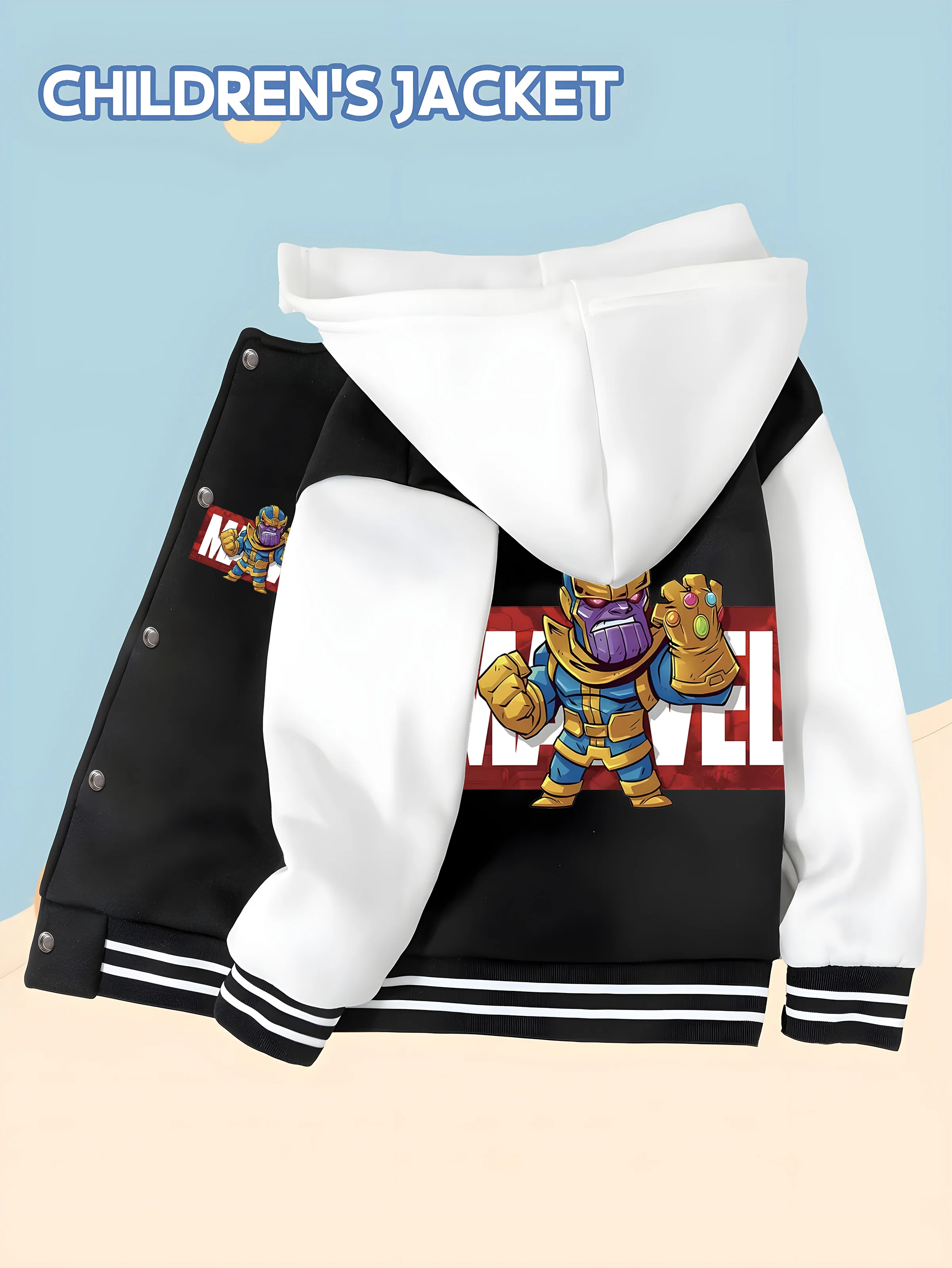 

MINISO Baseball hooded Jacket - Thanos Q version double-sided pattern design, soft and comfortable fabric, fashionable and warm