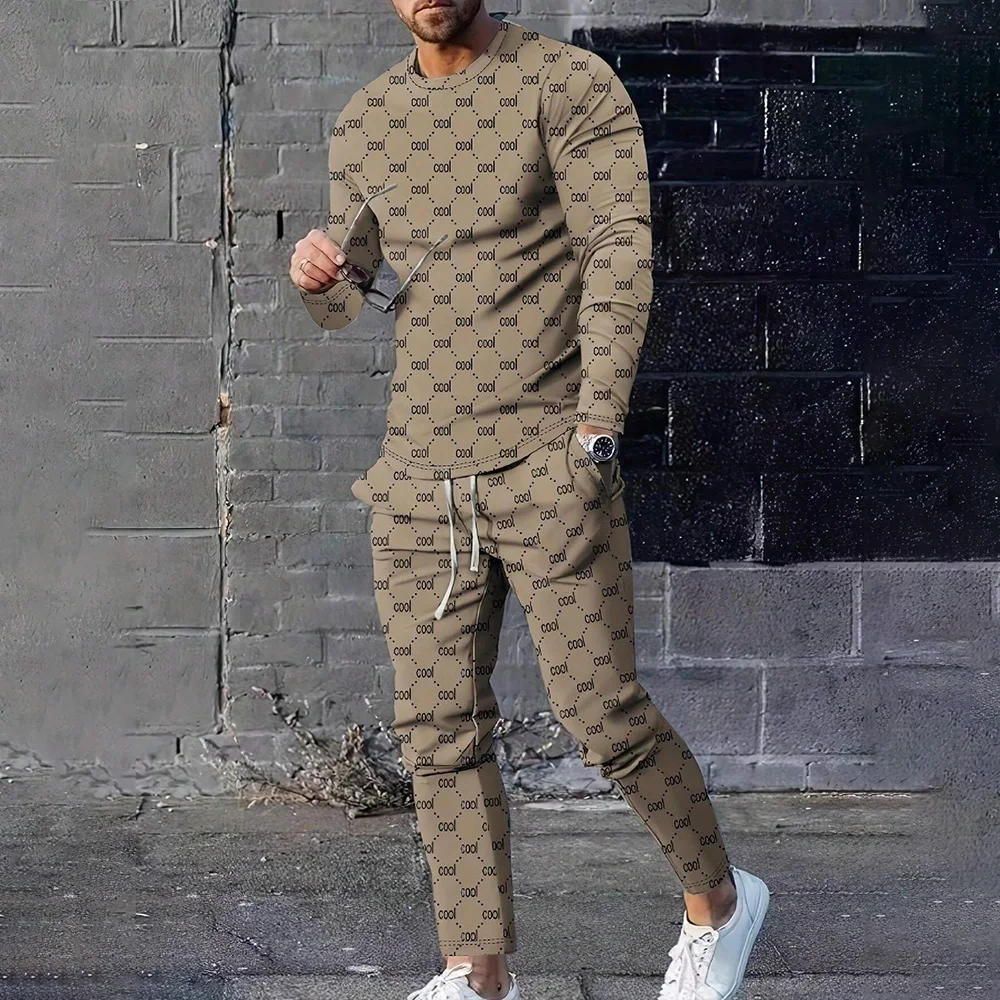 Striped Plaid Print Long Sleeve T Shirt Outfits Men's 2-Piece Set Clothing 2024 O-Neck T-Shirt Drawstring Waist Pants Sweatsuit - Image 4