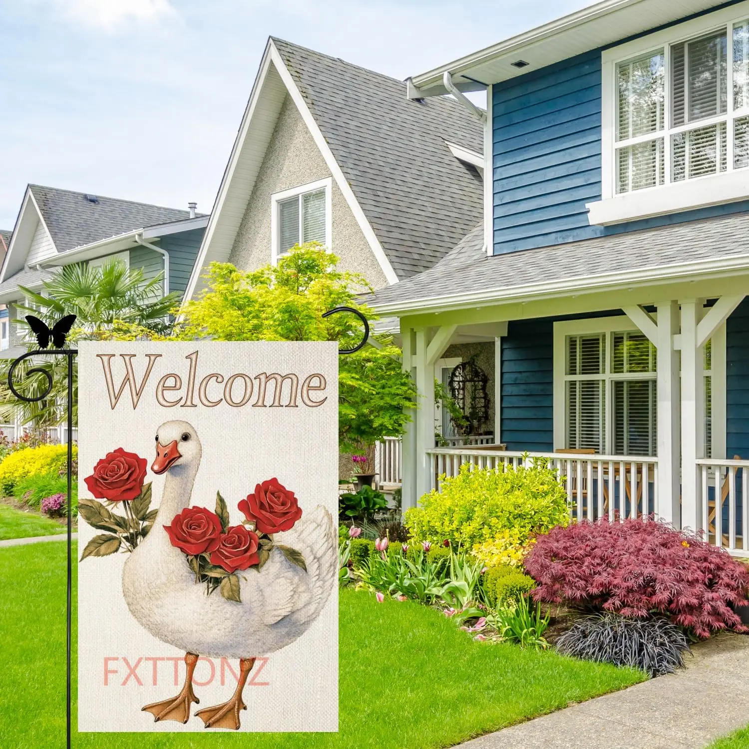 Spring Summer Welcome Goose Garden Flag Rose Floral Yard Banner 12x18 Inch Double Sided Outdoor Decoration for Lawn Romantic yyi