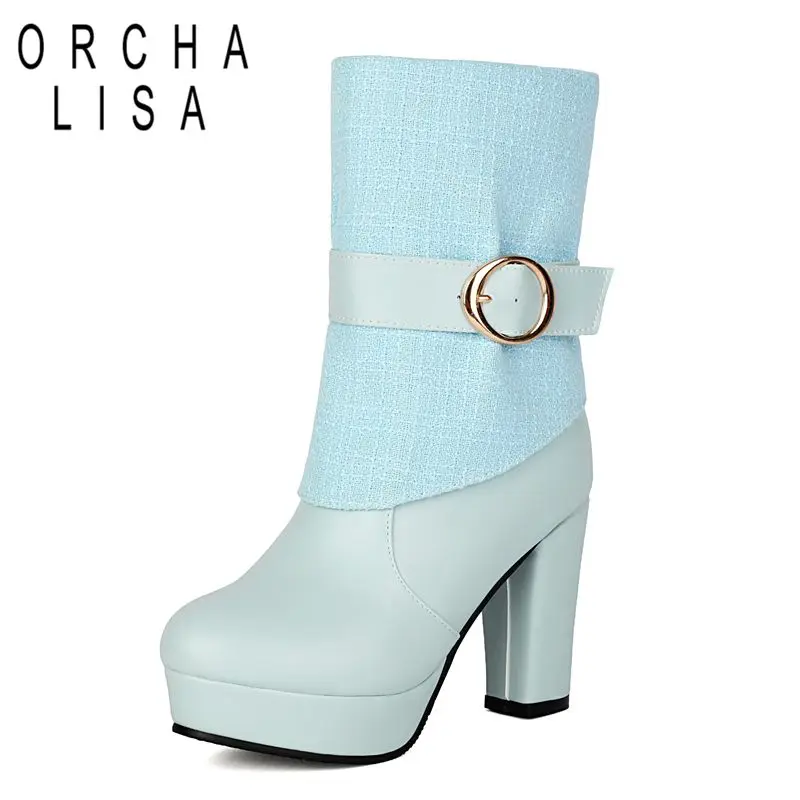 

ORCHA LISA 2025 New Design Women Mid Calf Boots Round Toe Chunky Heels 9.5cm Platform 2.5cm Zipper Big Size 46 47 48 Dating Bota