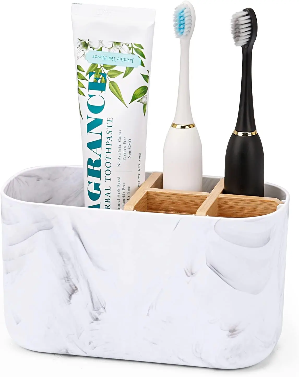 

5-Slot Bamboo Toothbrush Holder for Bathroom, Kids Electric & Toothpaste Organizer, Marble Countertop Storage