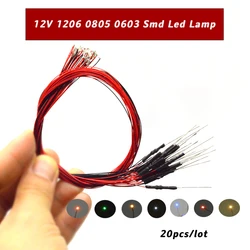 20 szt. 12V 0805 1206 0603 mikro lampa Led SMD Model pociągu DIY make make make HO N OO Scale wstępnie lutowane mikro Litz Chip przewodowy