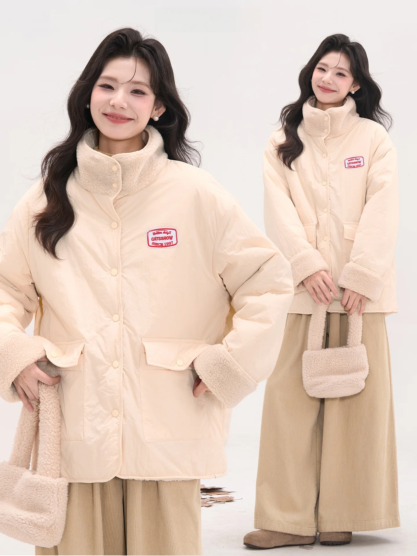 

Женская зимняя повседневная двусторонняя куртка-пальто из овечьей шерсти с воротником-стойкой, утепленная, с принтом «Цветочное поле» и морским узором, модель Heme Sp in Sea Warm