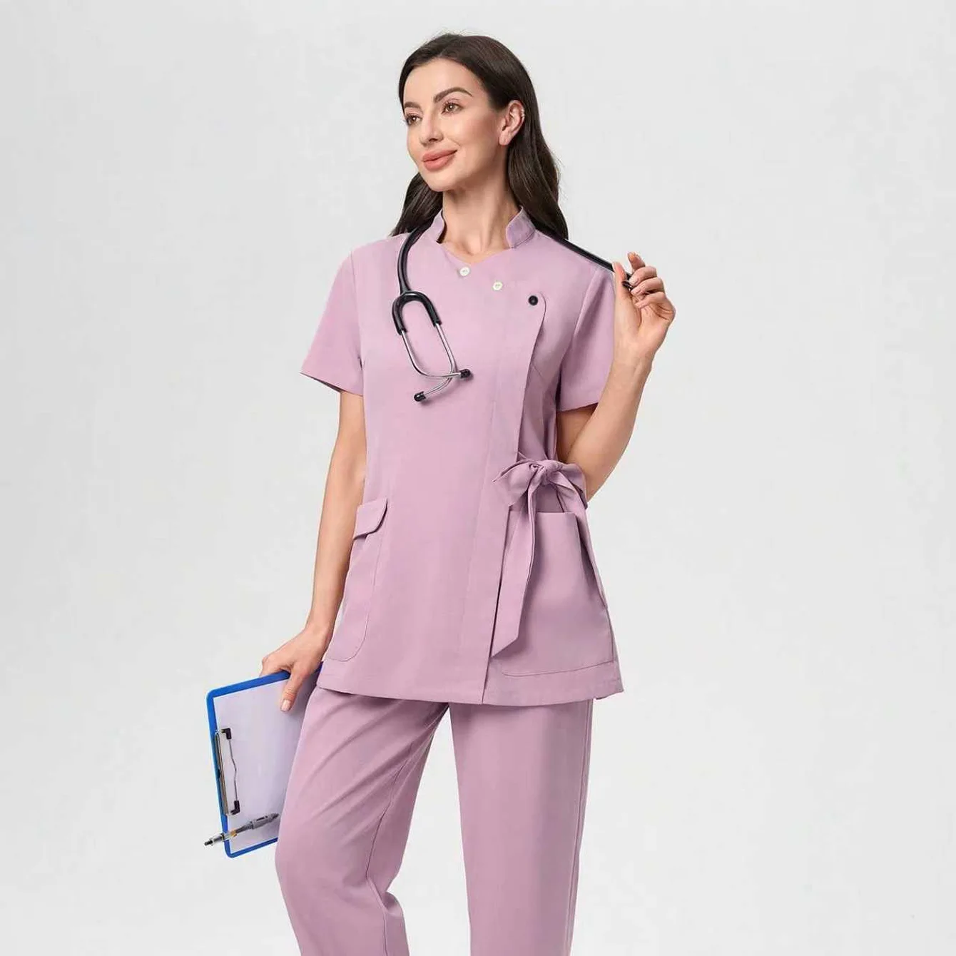 Conjunto de uniforme de trabajo de manga corta rosa con múltiples bolsillos, cuello pequeño para salón de belleza, poliéster cómodo que absorbe la humedad...