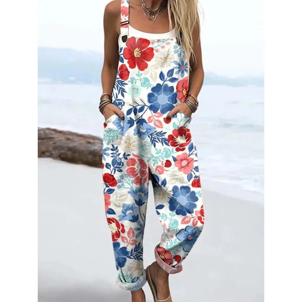 

Summer Floral Romper Overalls Breathable & Comfortable Women's Jumpsuit with Pockets Adjustable Straps Romper for Streetwear