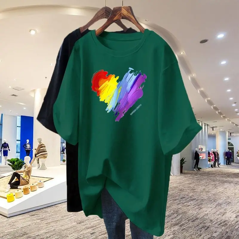 Rainbow Love Pure Cotton White Pullover T-shirt for Women Summer Short Sleeve Fashion Round Neck Loose-fitting Middle Length Top image 3