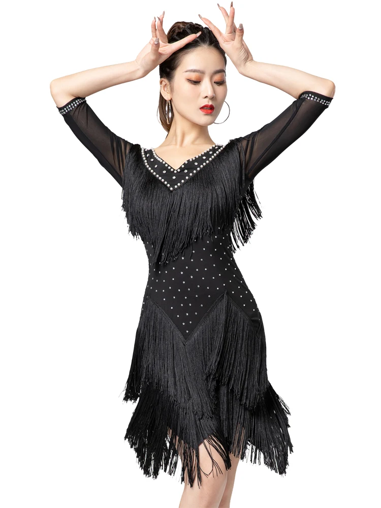 

Fringe Latin Dance Women Cha Cha Rumba Samba Ballroom Salsa Tango Dance Dresses Adult Performance Costume Sexy Tassel Skirt