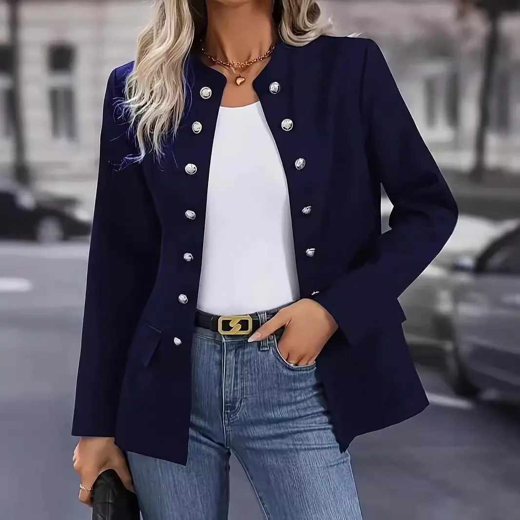 Stand Collar No Hood Coat Fitted Cut Regular Length with Single Breasted Multi Button Long Sleeve Elegant Commuter Women Coat