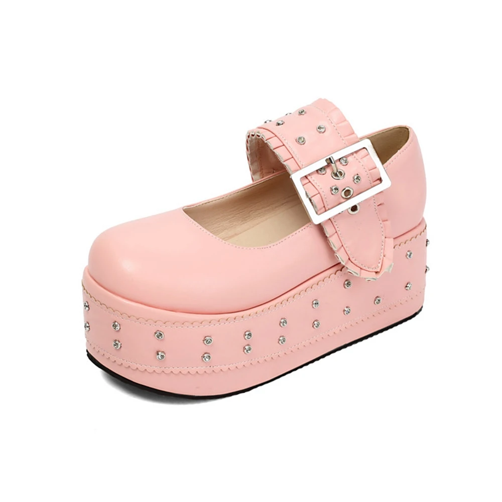 Women's Gothic Punk Platform Mary Jane Shoes Rivet Buckle Wedge Heel Pumps Plus Size 34-50 Black Pink Emo Casual Shoes for Party