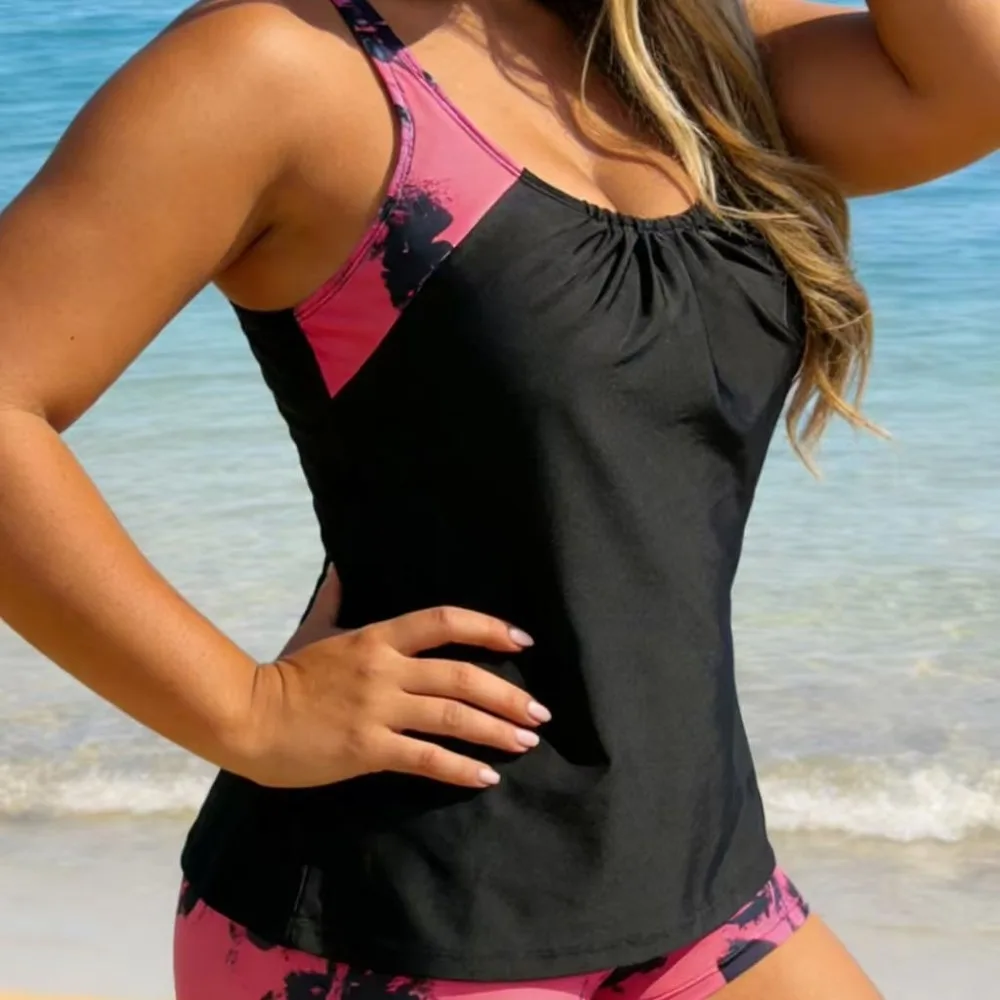 Women's Printed Two-Piece Modest Swimwear High-Waist Tummy Control Quick-Dry Boy Shorts Set Tankini Swimsuits Women Biquinis Set
