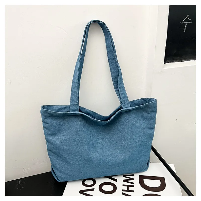 Custom Logo Solid Color Women's Shoulder Bag Large Capacity Portable Ladies Shopping Bag Retro Denim Girls Book Tote Handbags