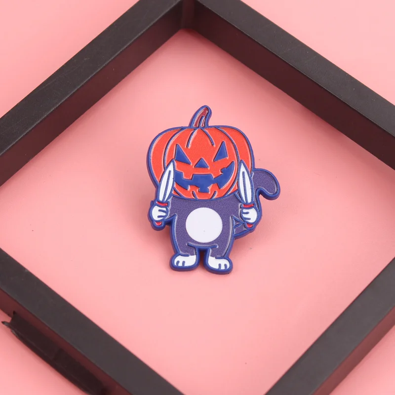 Jack-O'-Kitty Menace Pin - Neon Pumpkin Head Meows with Twin Dagger Swagger [Halloween Kawaii Assassin Jewelry]