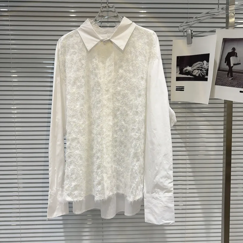 

BORVEMAYS White Shirt Autumn New 2024 Women Lapel Single-breasted Solid Color Temperament Elegant Lace Blouses Fashion WZ9142