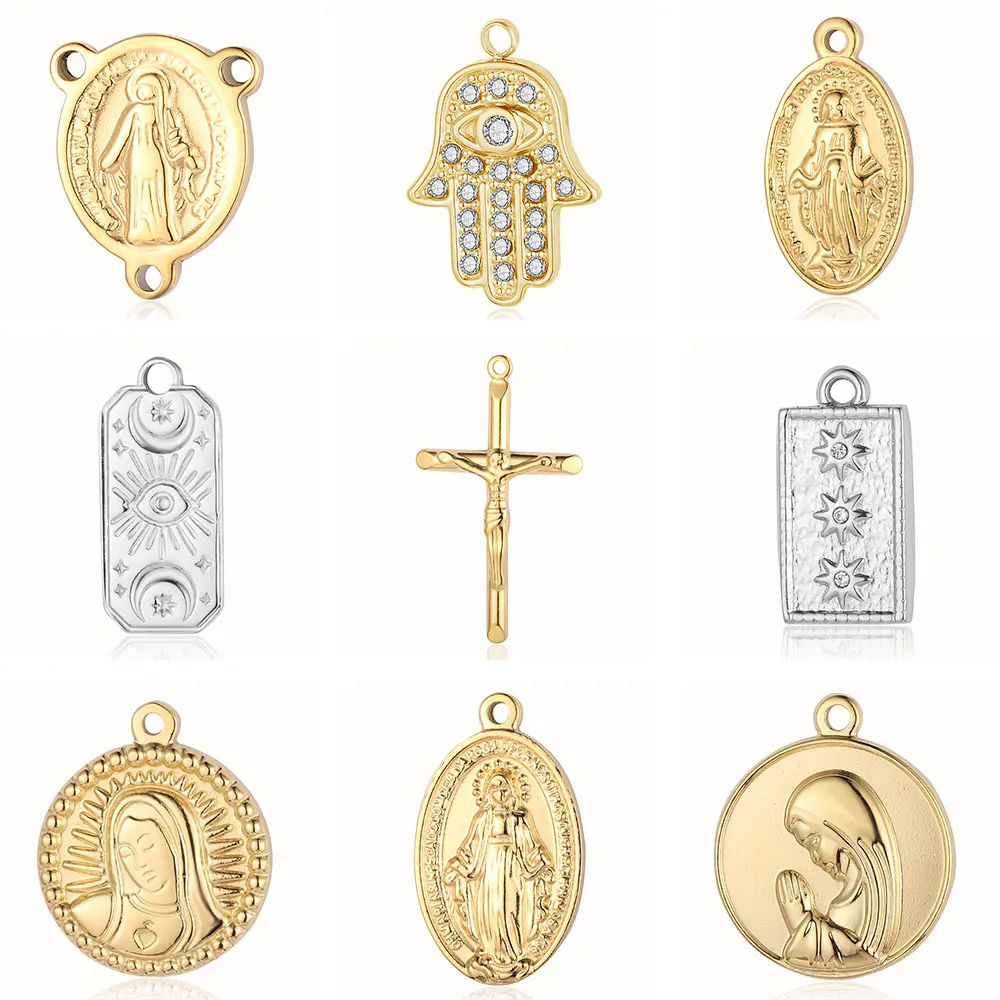 3pcs/Lot God Virgin Mary Mirror Polished 316 Stainless Steel DIY Charm Eye Hamsa Hand Cross Jewelry Buddha Head Necklace Pendant