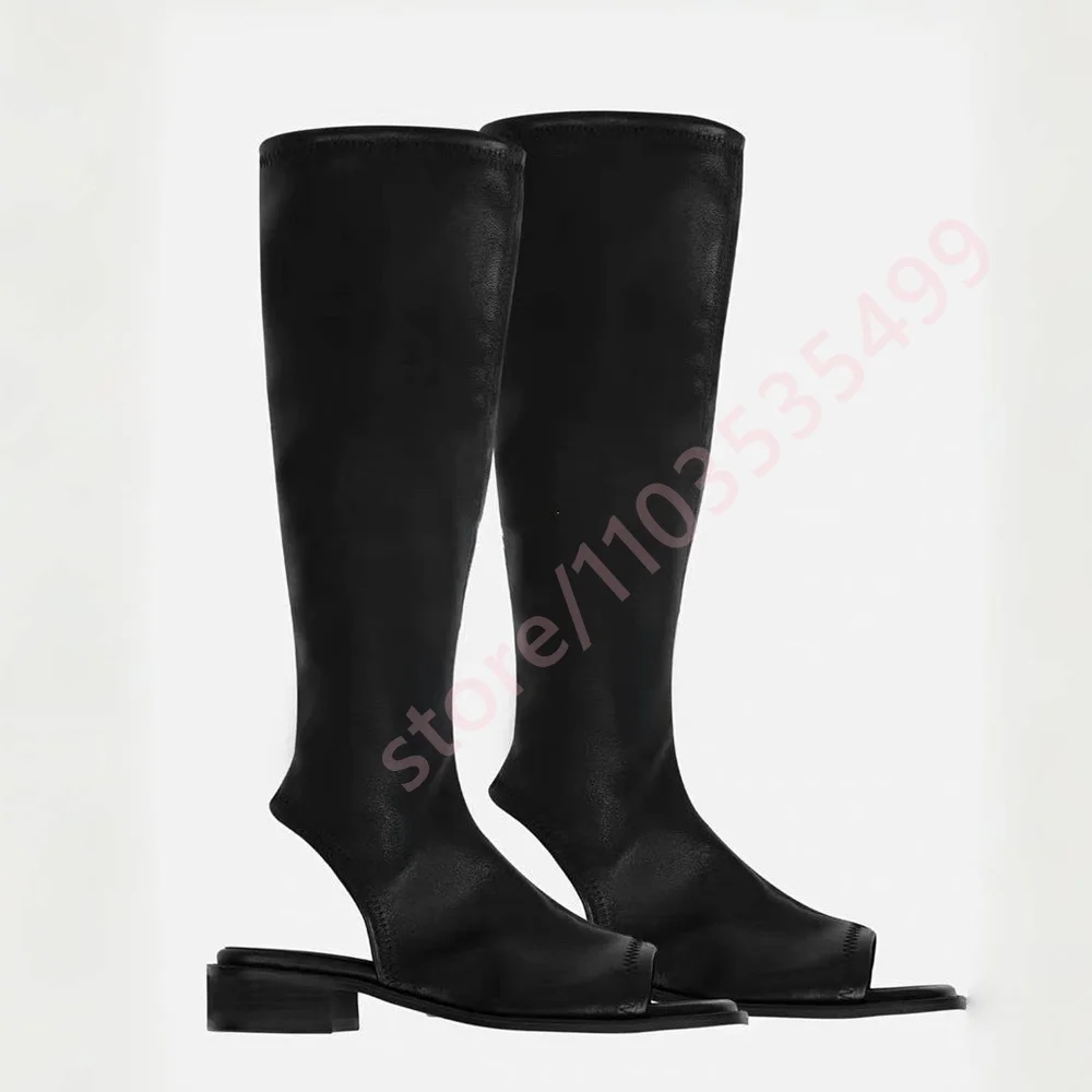 2026 Black Stretch Fabric Knee High Boots Women Open Toe Block Low Heel Hollow Side Elegant Slim Fit Summer Fashion Sandal Boots