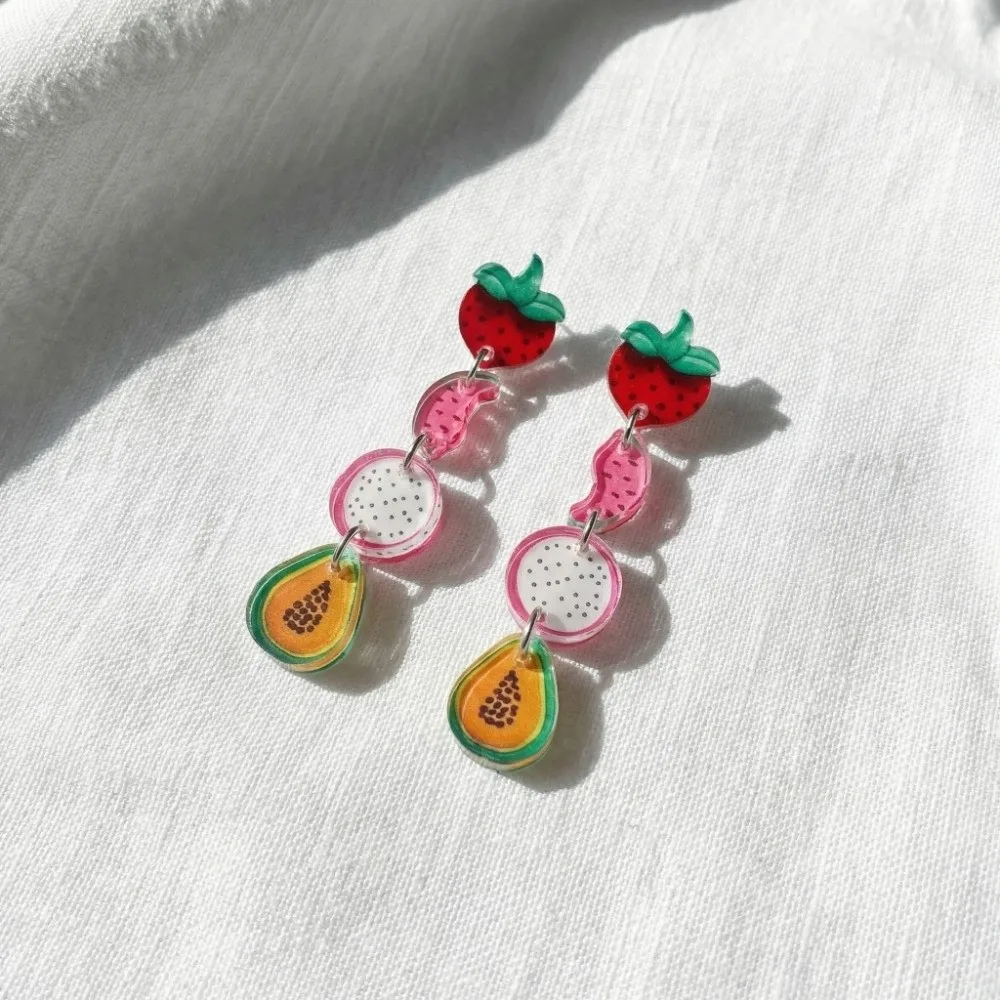 Sweet Acrylic Tropical Fruit Earrings Pitaya Creative Fruit Dangle Earrings Funny Colorful Strawberry Earrings Women