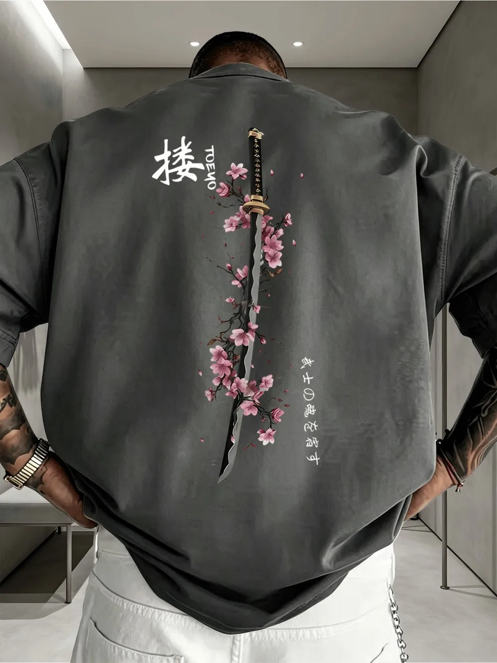 New American men's summer letter samurai sword print comfortable and breathable round neck T-shirt outdoor casual top