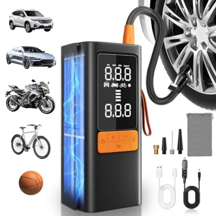Portable Air Compressor 150 PSI Tire Inflator for Car Motorcycle Bike Tires and Sports Balls with Digital Pressure Gauge LED Li