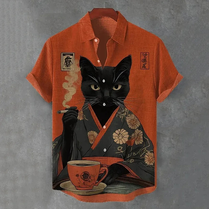 

Men's Retro Black Cat Japanese Illustration Print Short Sleeve Shirt Casual Loose Summer Holiday Blouse Fashion Lapel Collar Top