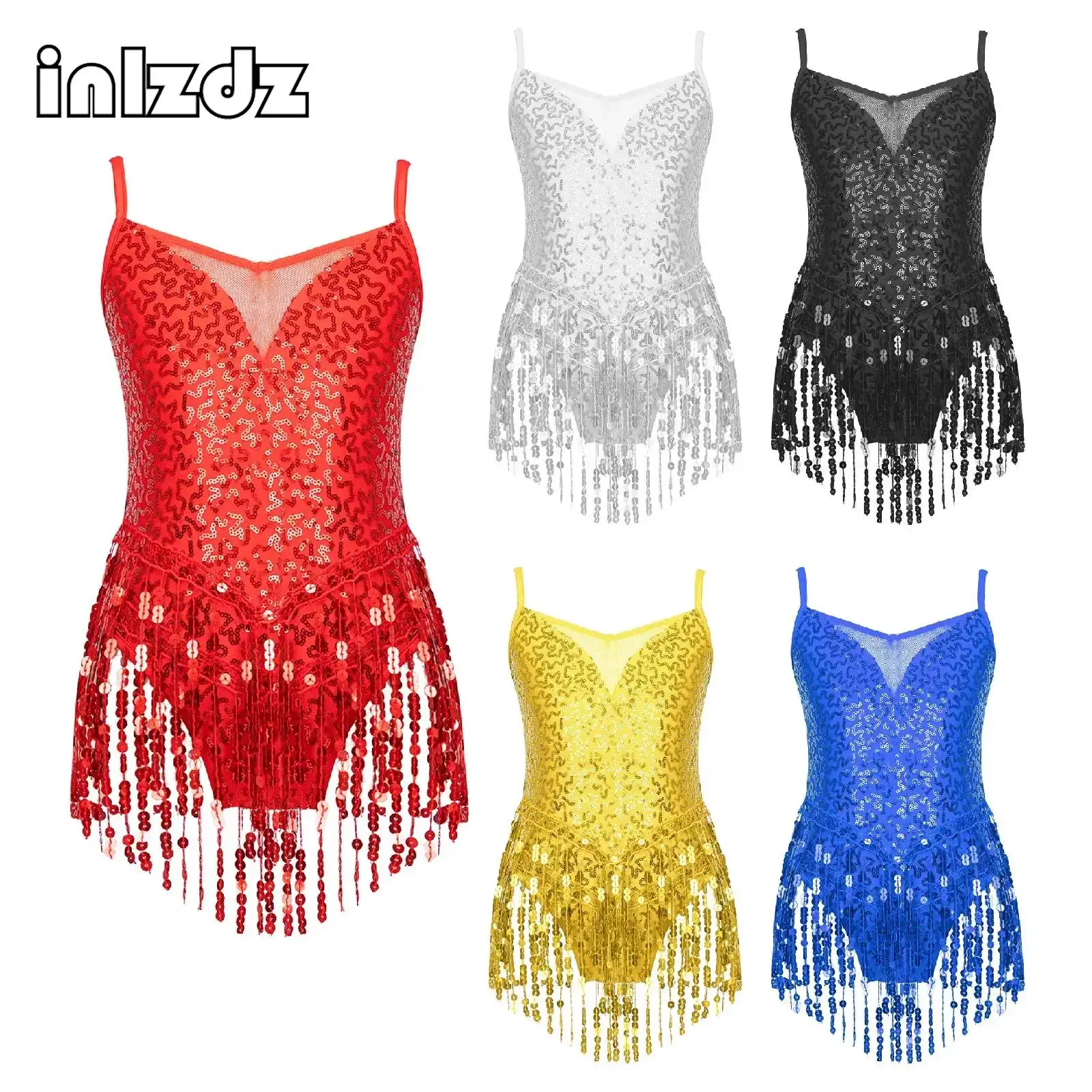 

Kids Girls Sparkly Sequins Fringed Leotard Bodysuits Jumpsuits for Latin Jazz Moden Contemporary Dance Performance Costumes