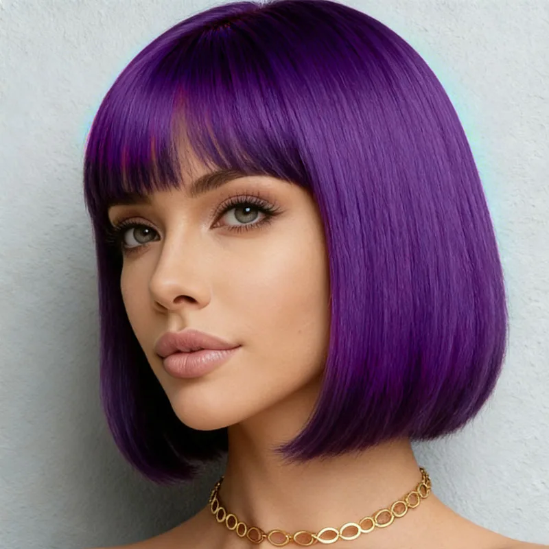 12 inch purple wig with bangs design, made of high-temperature fiber synthetic material, suitable for daily cosplay wear