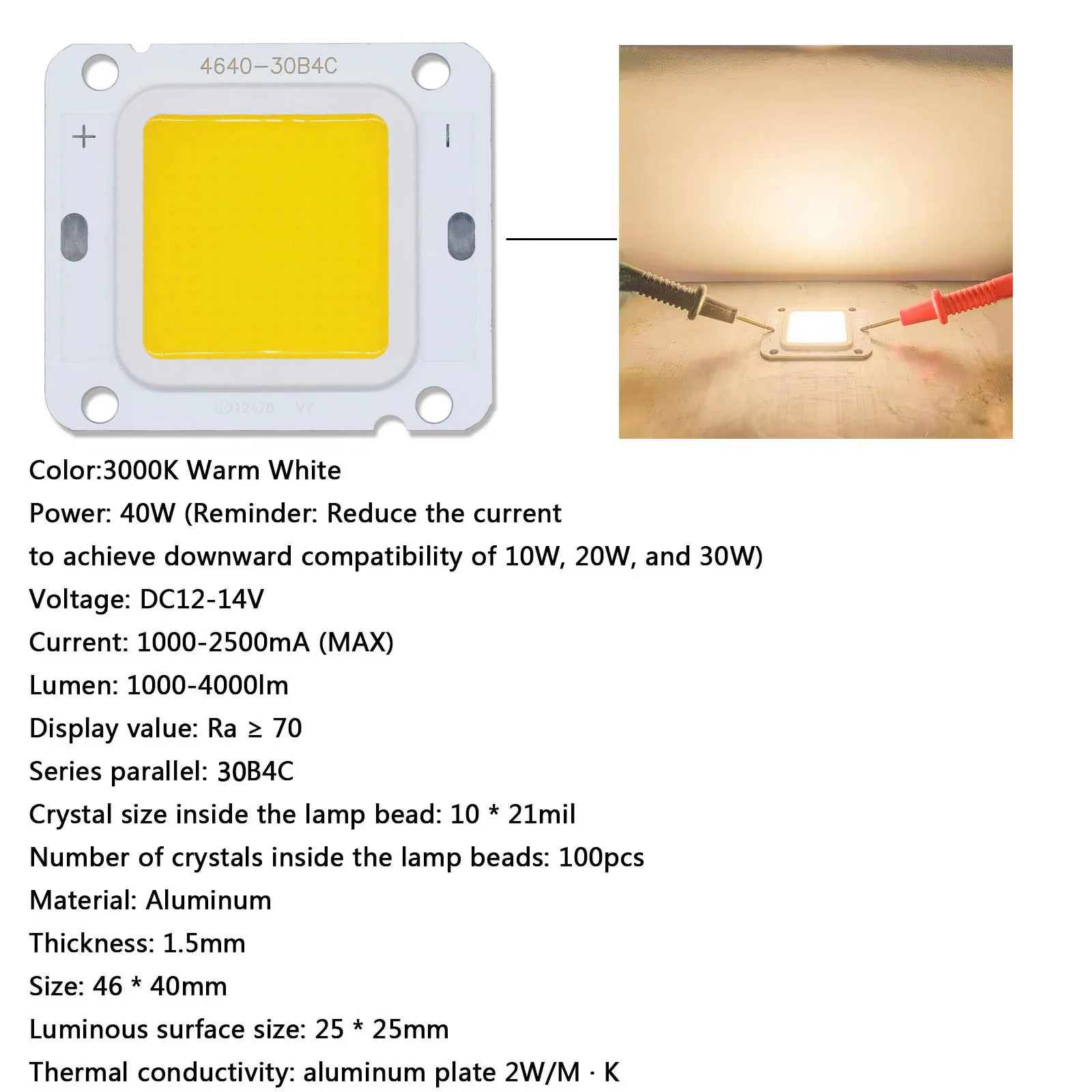 10 pz Ad Alta Luminosità 40 W 4640 LED COB Chip DC 12 V 2500mA Diodo LED Per Proiettore Faretto Proiettore Sorgente Luminosa Esterna FAI DA TE