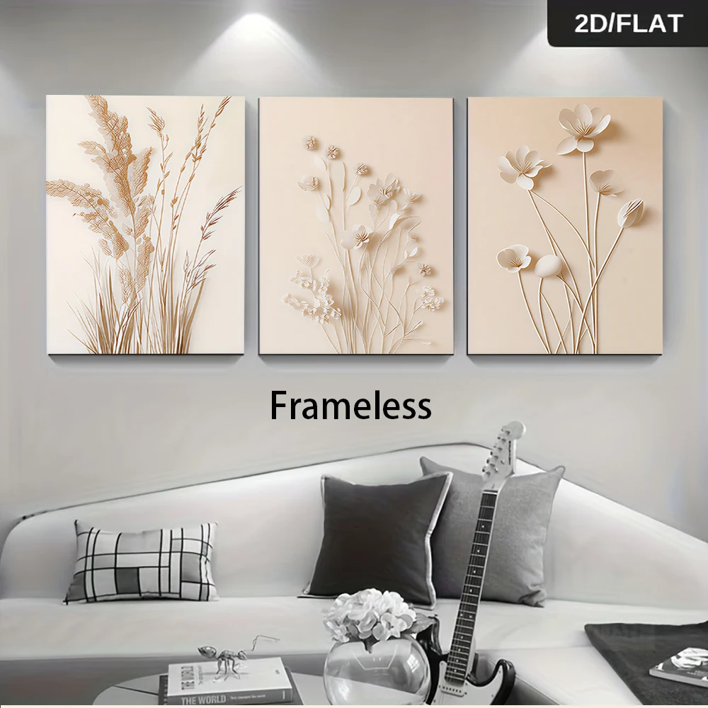3PCS Frameless(2D flat.)1 set of triptych simple flower, grass, leaf, frameless decorative painting, living room, bedroom, moder