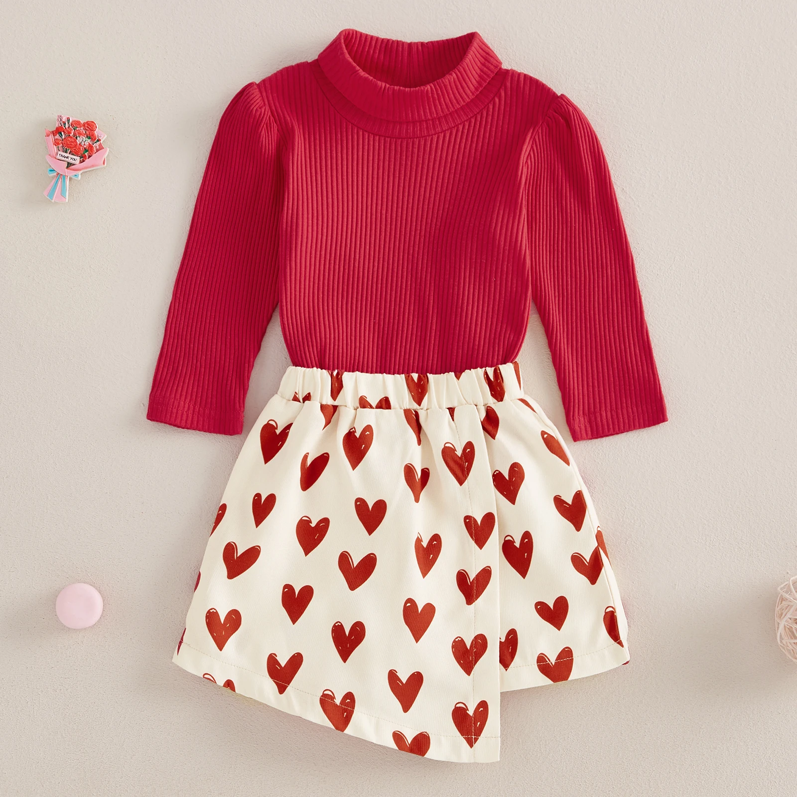 BeQeuewll Toddler Girl Valentine's Day Two Pieces Outfits Mock Neck Long Sleeve T-Shirts Top + Heart Print Skorts Kids Clothes