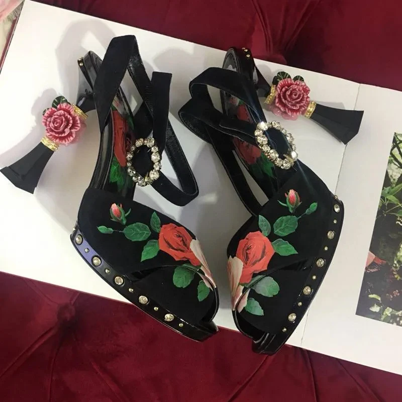 

Rose Flower Carved Heel Peep Toe Sandals Woman Summer 2026 Open-Toe Retro Hollow Slingback Buckles Shaped High-Heeled Shoes