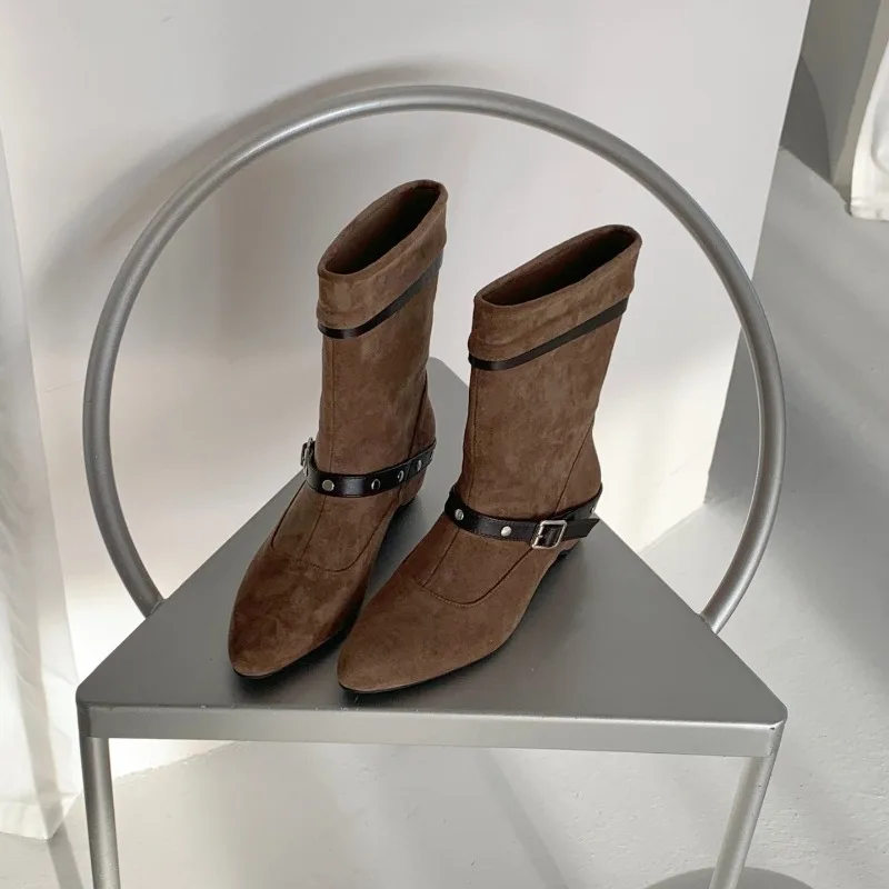 Women Camel Suede Ankle Boots Buckle Button Detail Botas Vintage Charm Pointed Toe Design Elegant Autum Casual Daily Lady Shoes