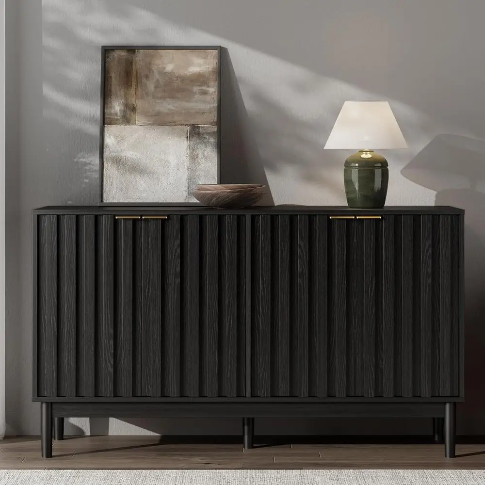 

Stylish Black Storage Cabinet with 4 Doors for Kitchen, Living Room, and Hallway