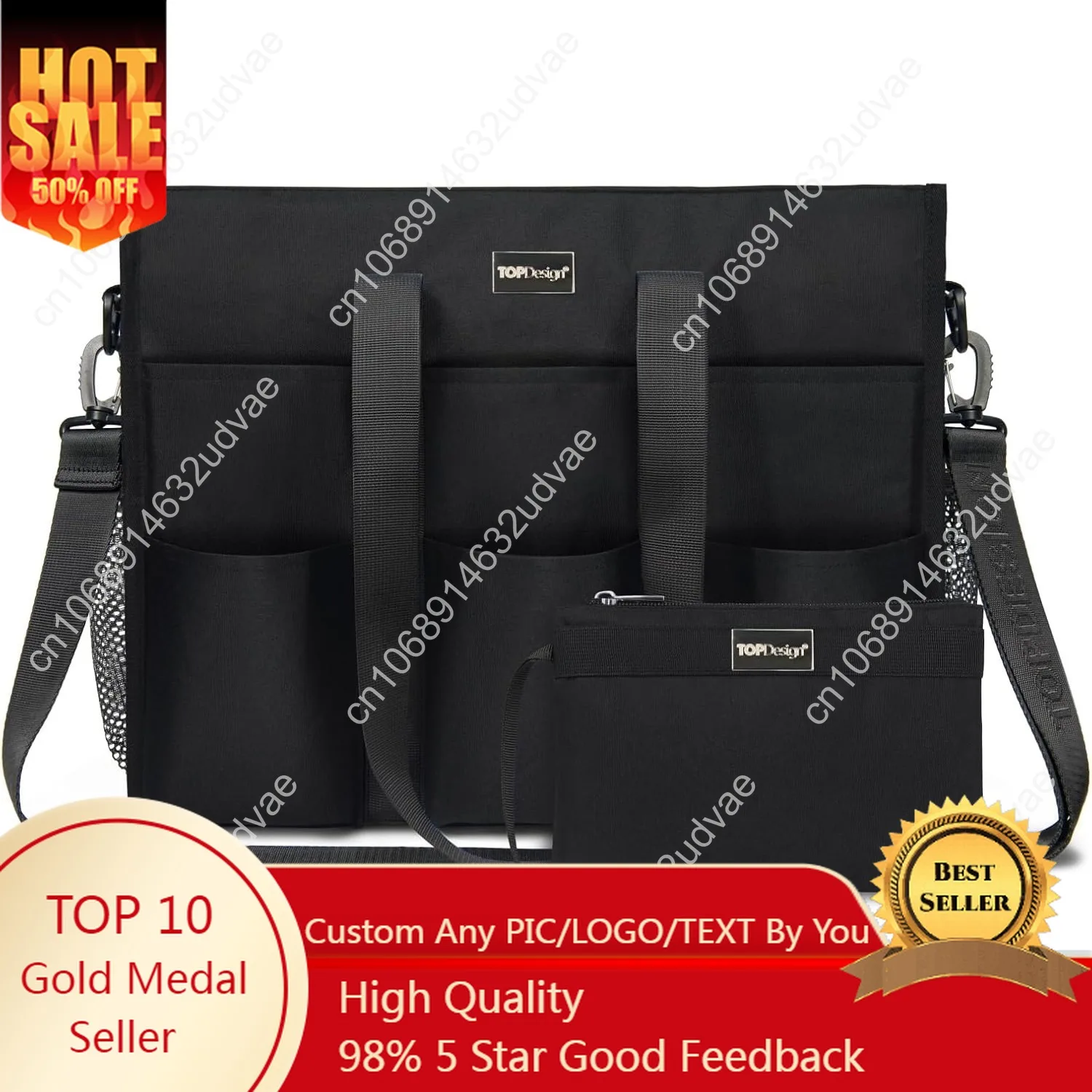 TOPDesign Utility Water Resistant Tote Bag with 22 Pockets, Top Zipper Closure & Thick Bottom Support, for Working Women