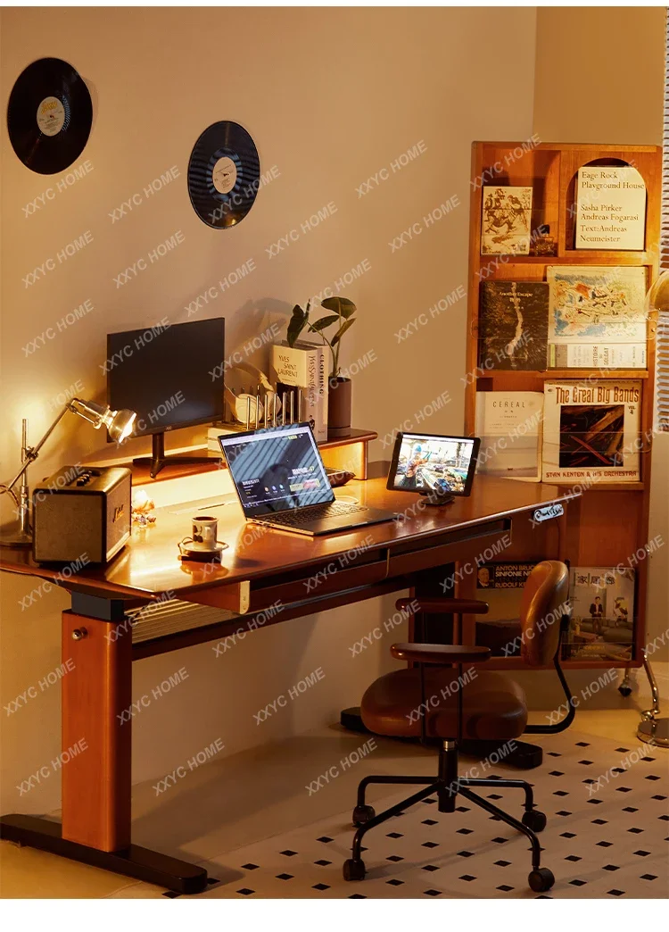 HMJRetro solid wood electric lifting table boxwood medieval desk computer learning table can be lifted and lowered