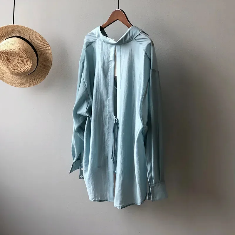 Tencel Shirt Blouse Summer Women T-Shirt Coat Lace-Up Backless Tops Loose Sunscreen Clothing Thin Fashion Long Sleeve Tee Shirts