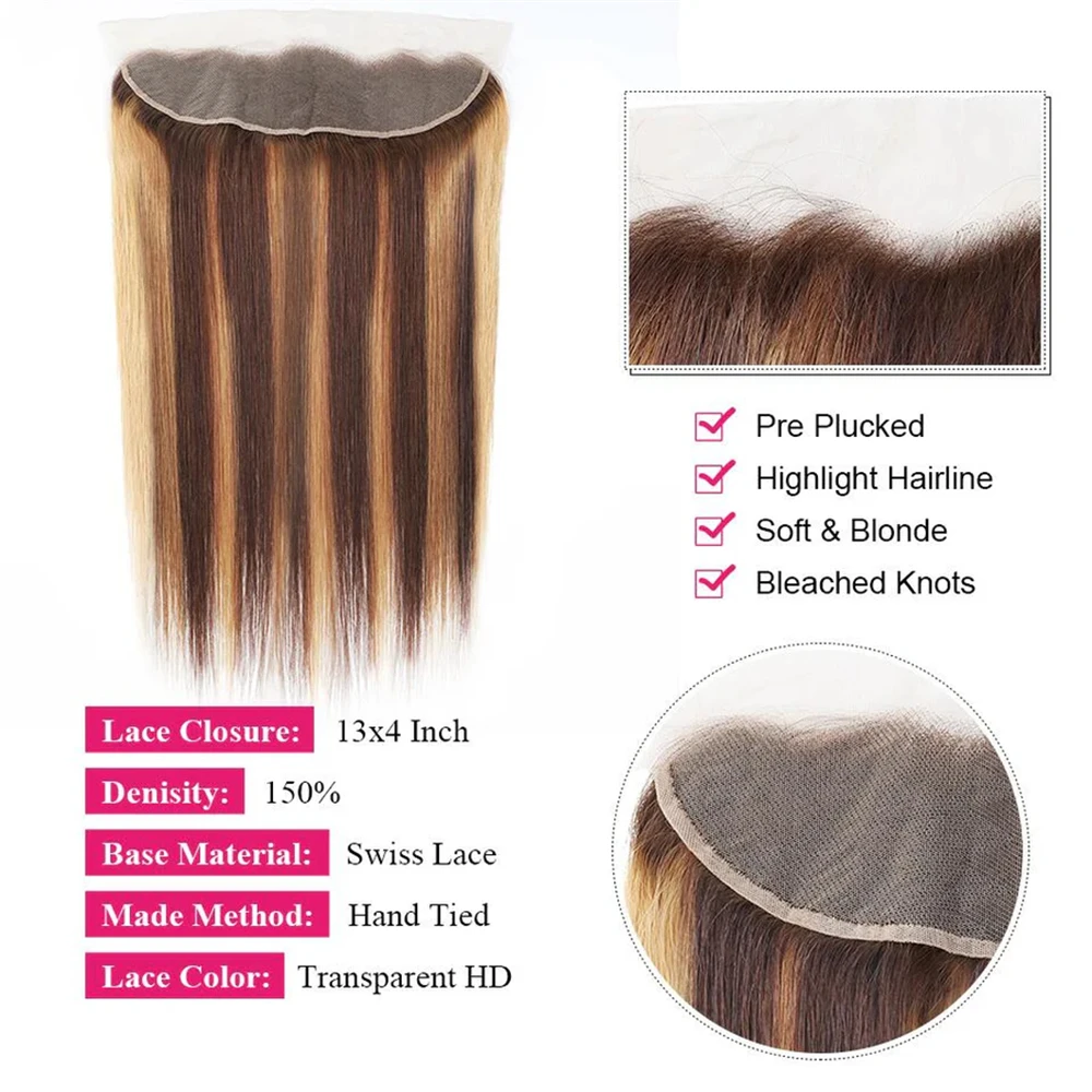 Extensiones de cabello humano brasileño liso con cierre Frontal, extensiones de cabello rubio degradado, P4/27