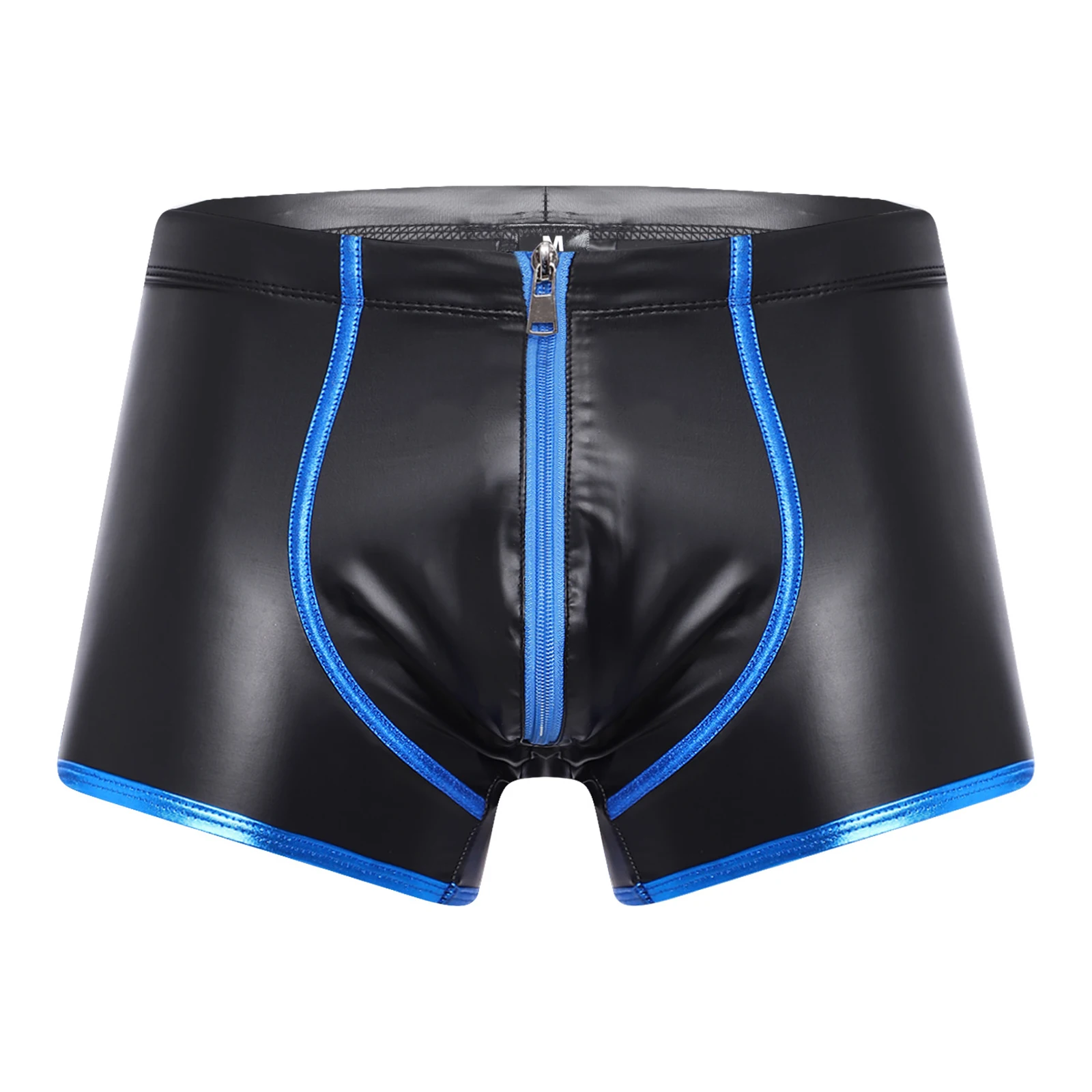 Mens Matte PU Leather Latex Underwear Low Rise Boxer Shorts Bulge Pouch with Zipper Briefs Nightwear for Club Rave Party