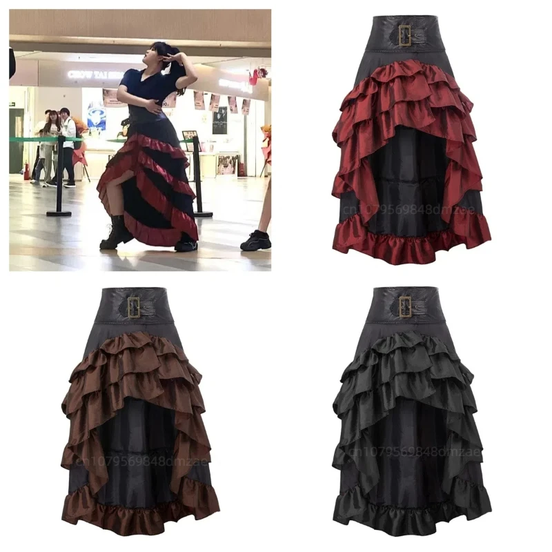 New Women's Cosplay Dress, European and American Retro Short Front and Long Back, Irregularly Spliced Ruffled High Waisted Skirt