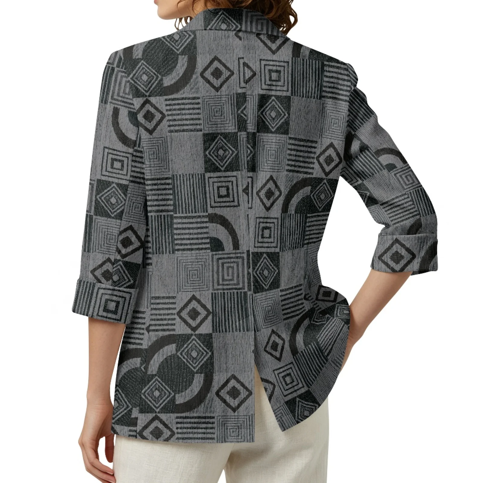 PENSTROLL Geometric Patchwork Casual Open Front Cardigan for Vacation Linen Like Versatile Outerwear Sizes S-3XL