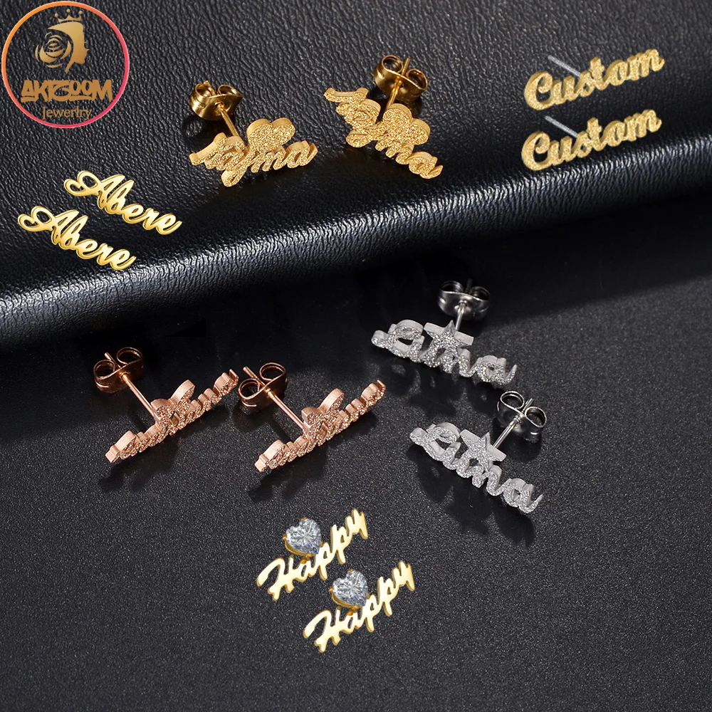 Akizoom Personalized Custom Name Stud Earrings Stainless Steel Jewelry Customized Earring for Woman Mother Kids Birthday Gift