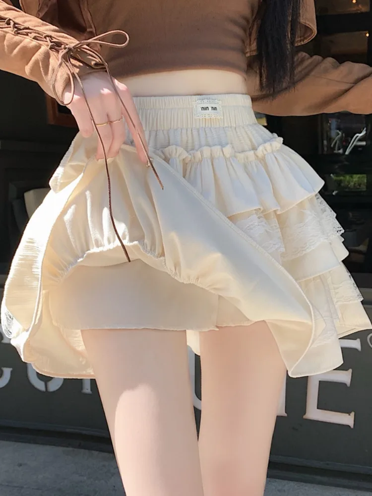 Zoete en pittige kanten rand ort rok hoge taille A-lijn gezwollen f-lengte dames Ciwalk polyestervezel elastische taille