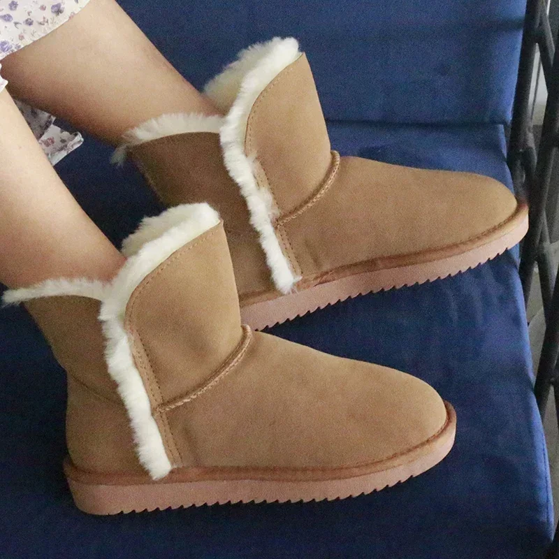 Natural Fur Warm Winter Boots for Women Genuine Leather Woman Ankle Boots Thick Wool Boots Ladies Slip-on Water Resistant‌ Shoes