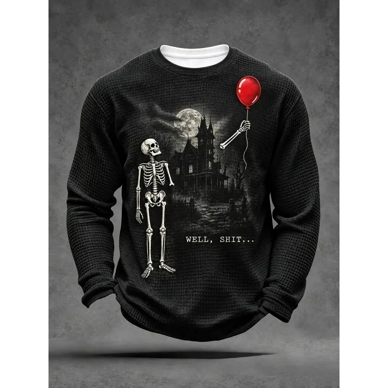 Halloween Skeleton Red Balloon 3D Print Sweatshirt Well Shit Style Family Matching Outfits Haunted House Graphic Top Adults Kids